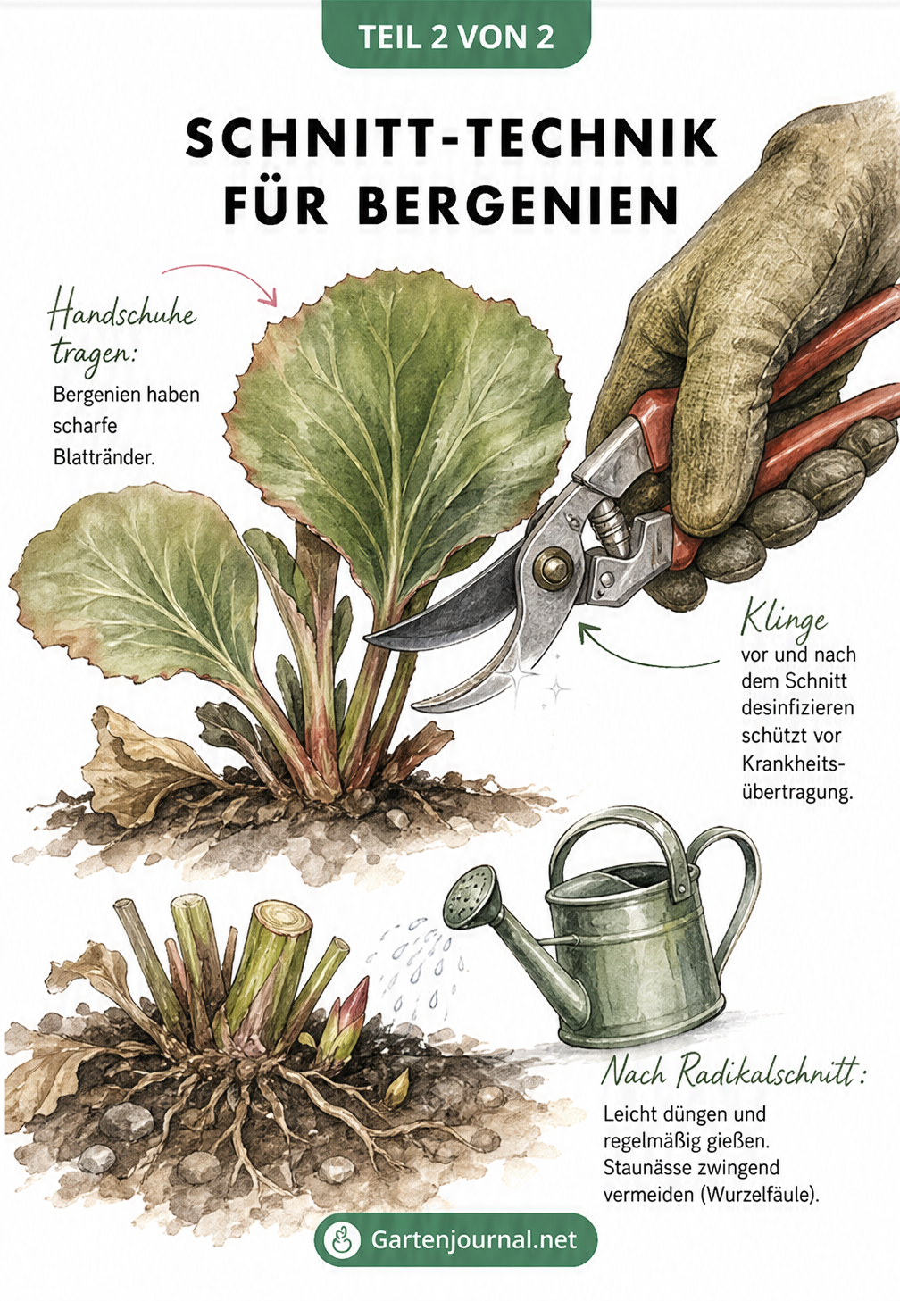 Illustration einer Hand mit Gartenhandschuh und Gartenschere beim Schneiden einer Bergenie an der Basis