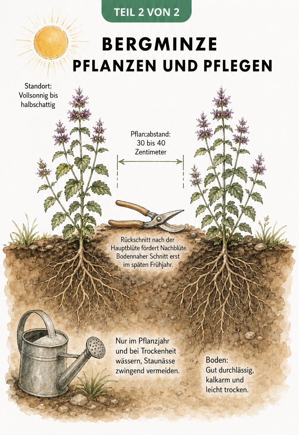 Querschnitt eines Gartenbeets mit Bergminze, das Standort, Pflanzabstand, Bodenbeschaffenheit und Pflegehinweise zeigt