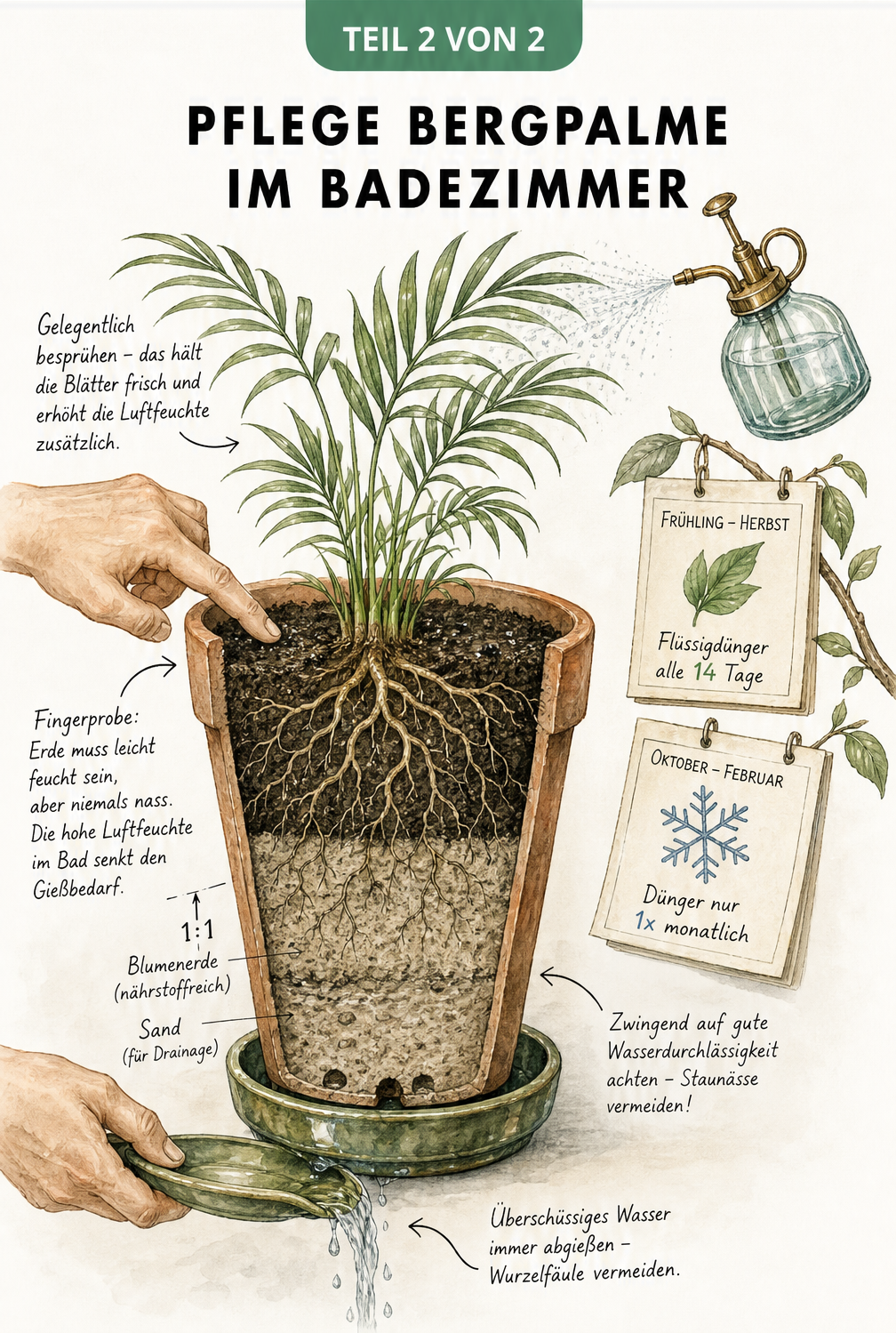 Botanische Schnittzeichnung eines Terrakottatopfs mit Bergpalme, die Substrat, Gießen und Düngen erklärt