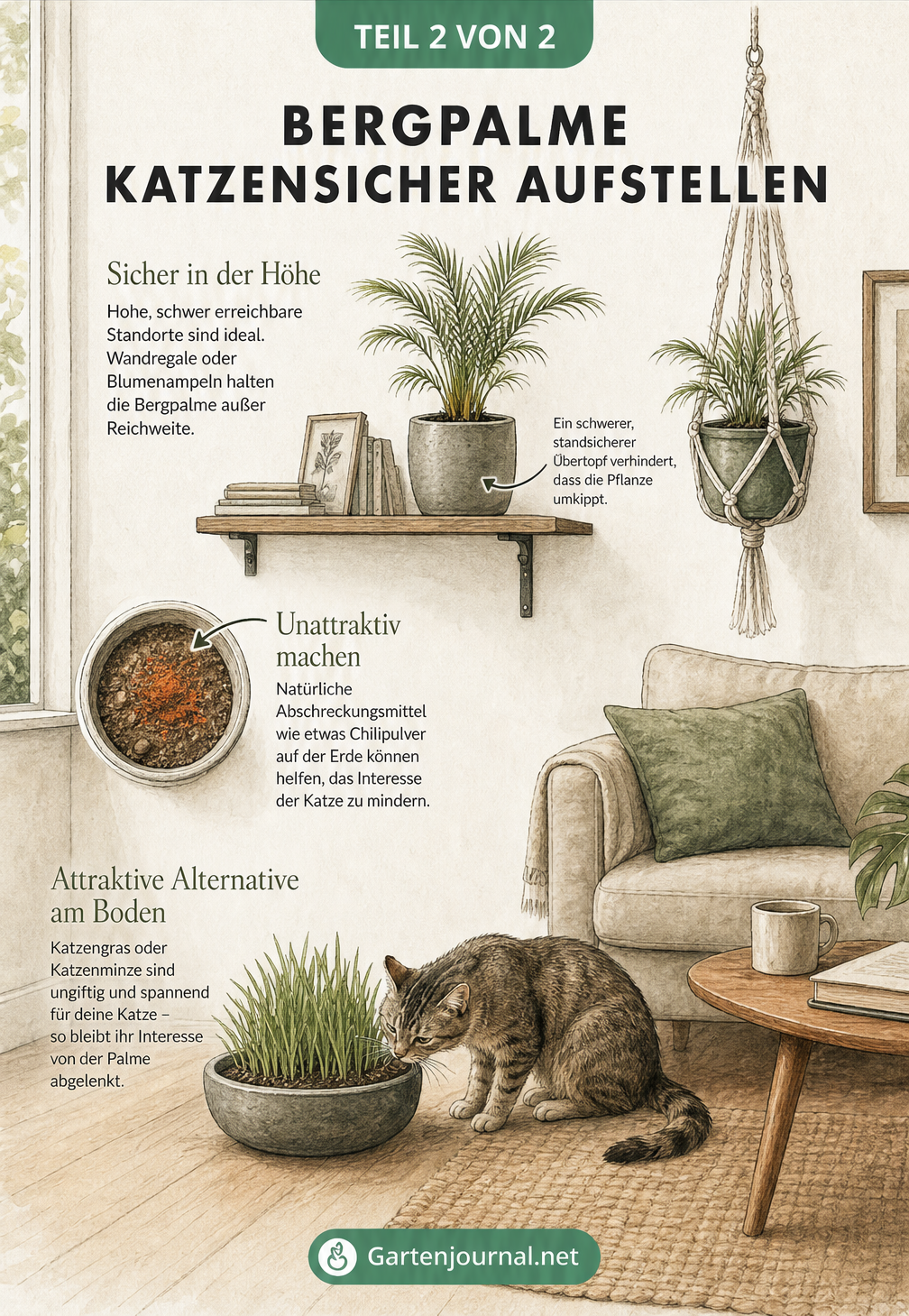 Isometrische Skizze eines Wohnzimmers, die zeigt, wie man eine Bergpalme katzensicher aufstellt: hoch oben im Regal und mit Katzengras als Ablenkung am Boden.