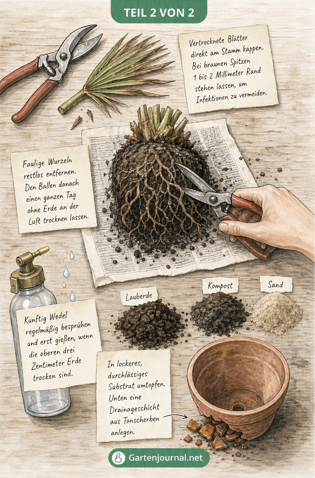 Illustration eines Pflanztisches mit Gartenschere, abgeschnittenen Palmwedeln, freigelegtem Wurzelballen und neuem Substrat zum Umtopfen der Bergpalme.