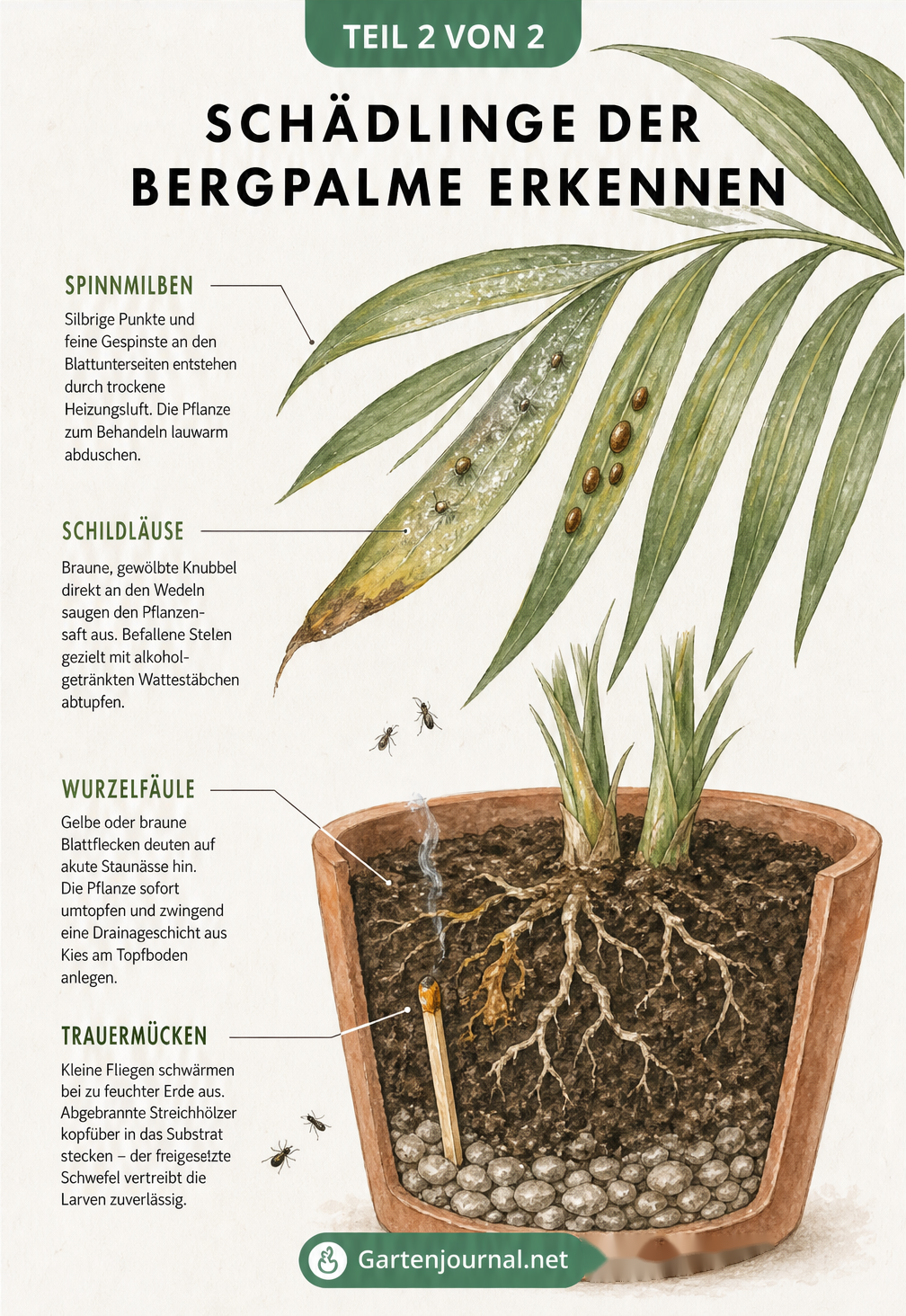 Makro-Illustration eines Bergpalmen-Wedels und Topfquerschnitts mit Schadbildern von Spinnmilben, Schildläusen, Wurzelfäule und Trauermücken