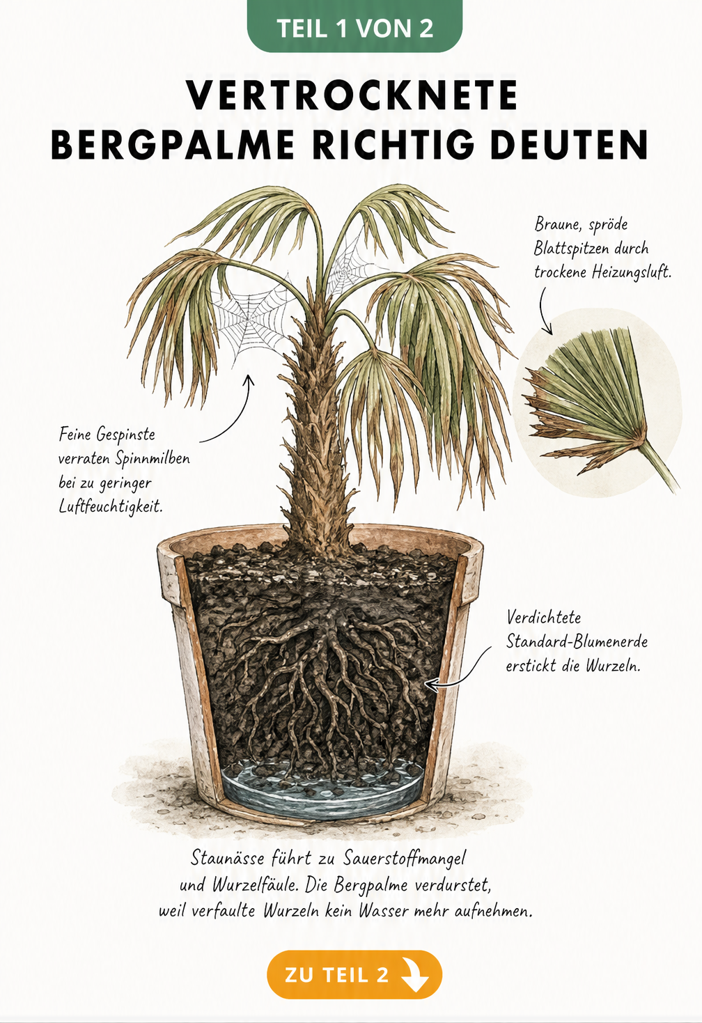 Botanische Querschnitt-Illustration einer Bergpalme im Topf, die braune Blattspitzen durch trockene Luft und verfaulte Wurzeln durch Staunässe zeigt.
