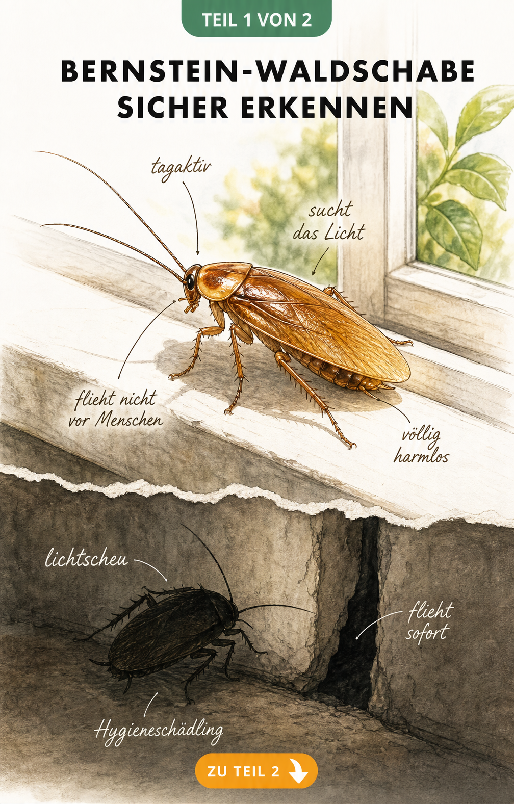 Illustration einer Bernstein-Waldschabe im Vergleich zu einer Küchenschabe