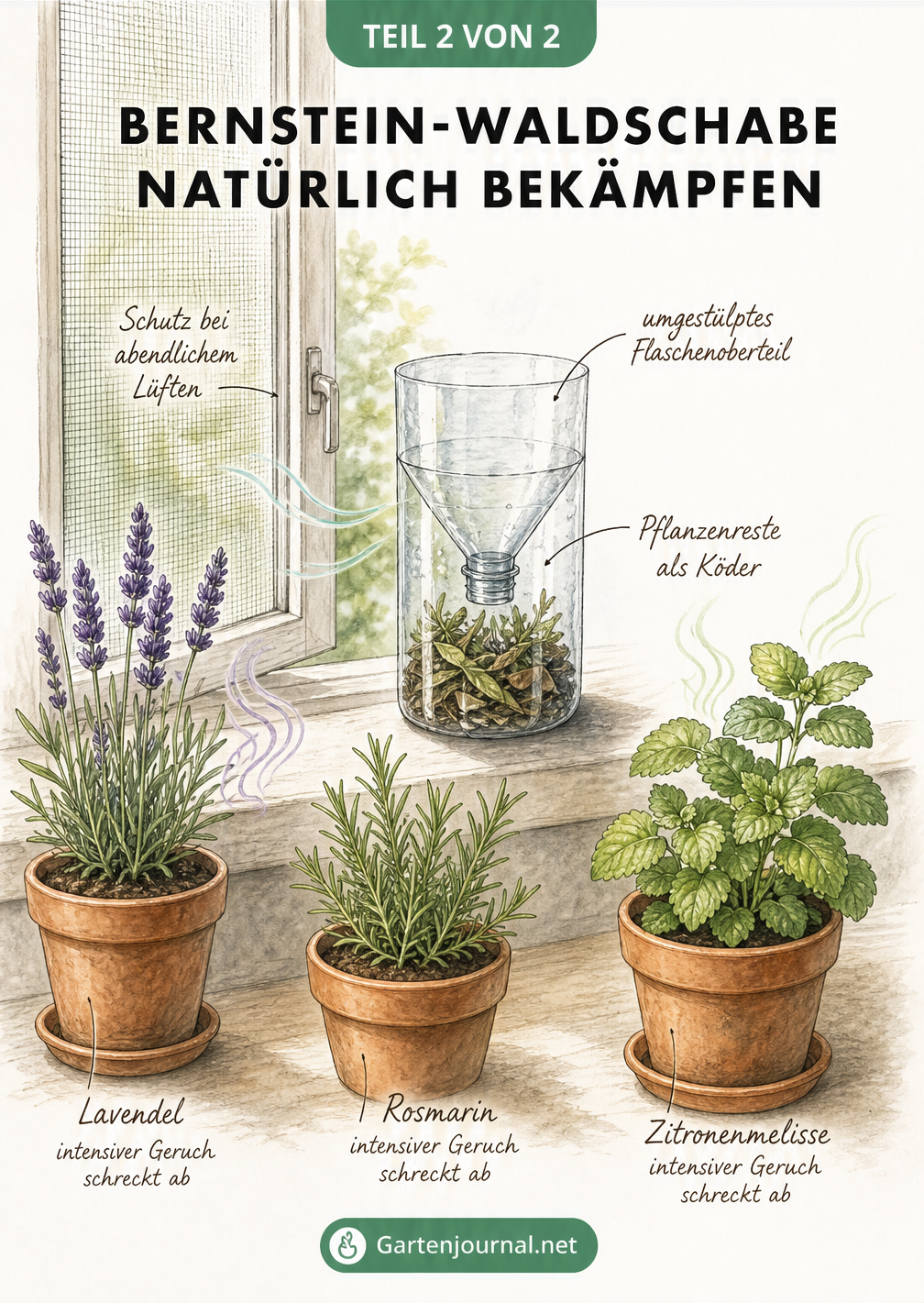 Zeichnung einer Lebendfalle für Bernstein-Waldschaben aus einer Plastikflasche am Fenster
