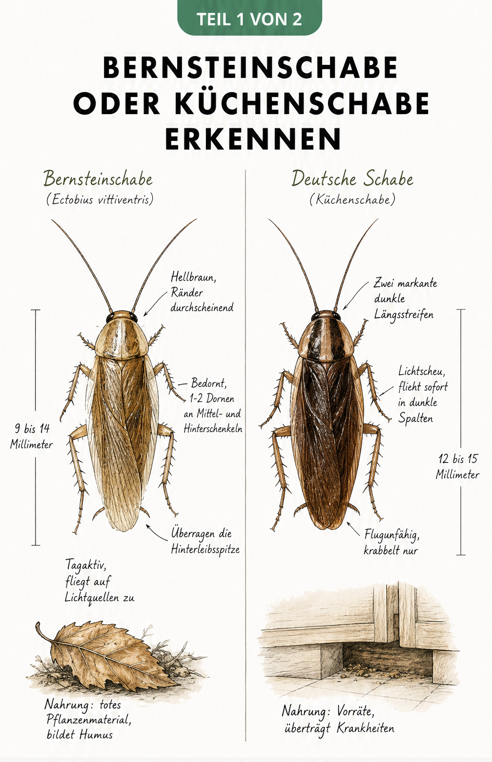 Vergleich zwischen der harmlosen Bernsteinschabe und der Deutschen Schabe mit Merkmalen wie Nackenschild und Flugfähigkeit