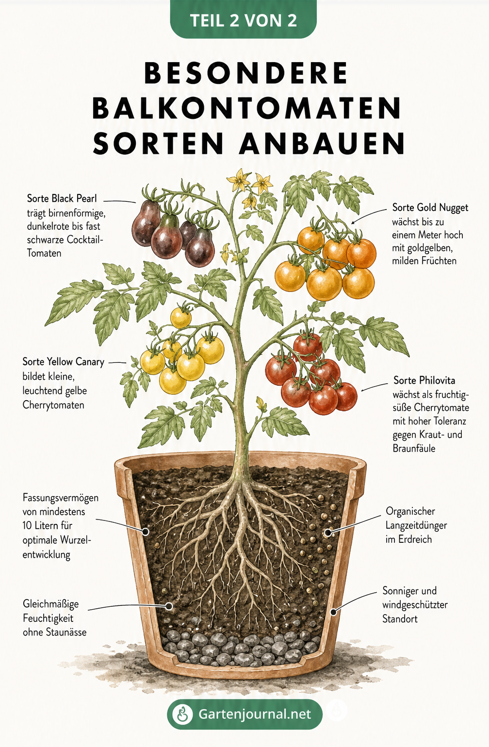 Schnittbild eines Pflanzkübels mit Tomatenpflanze und verschiedenen bunten Tomatensorten an den Ästen
