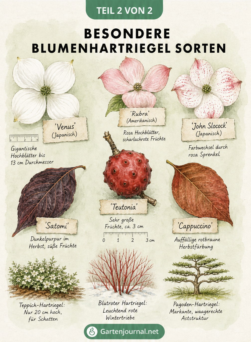 Gezeichnete Übersicht besonderer Blumenhartriegel-Sorten mit Fokus auf Blütengröße, Blütenfarbe, Früchte und Herbstlaub sowie Sonderformen wie Teppich- und...