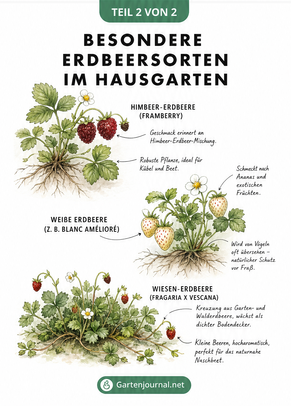 Botanische Illustration von besonderen Erdbeersorten: Himbeer-Erdbeere, Weiße Erdbeere und Wiesen-Erdbeere mit Früchten und Blättern