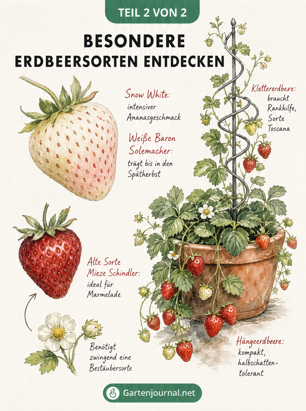 Illustration besonderer Erdbeersorten wie weiße Erdbeeren, alte Sorten und Hängeerdbeeren im Terrakotta-Topf.