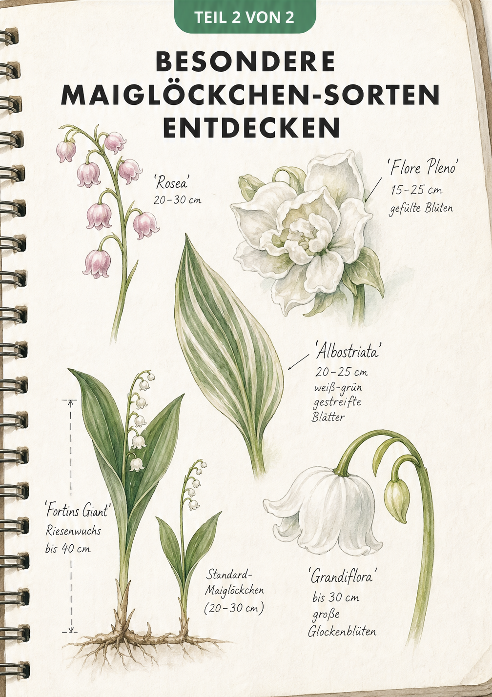 Illustration von fünf besonderen Maiglöckchen-Sorten wie Rosea, Flore Pleno und Albostriata mit Blatt- und Blütenmerkmalen