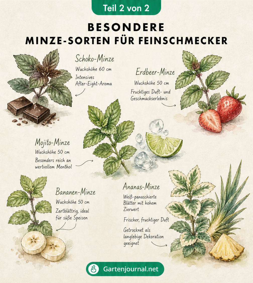 Illustrationen von fünf besonderen Minze-Sorten wie Schoko-Minze und Erdbeer-Minze mit passenden Geschmackssymbolen