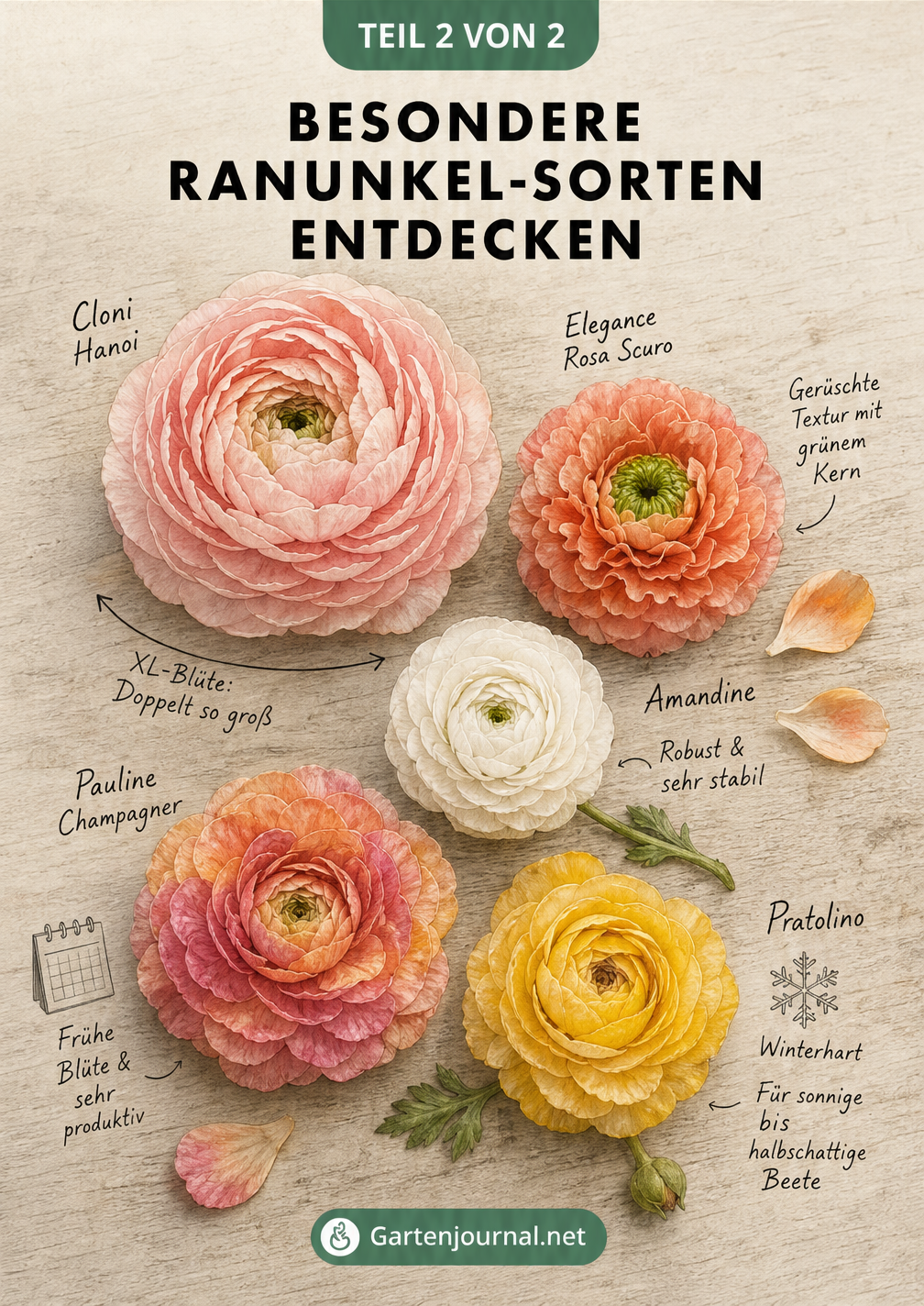 Illustration von fünf besonderen Ranunkel-Sorten: Cloni, Elegance, Amandine, Pauline und Pratolino im Größenvergleich.