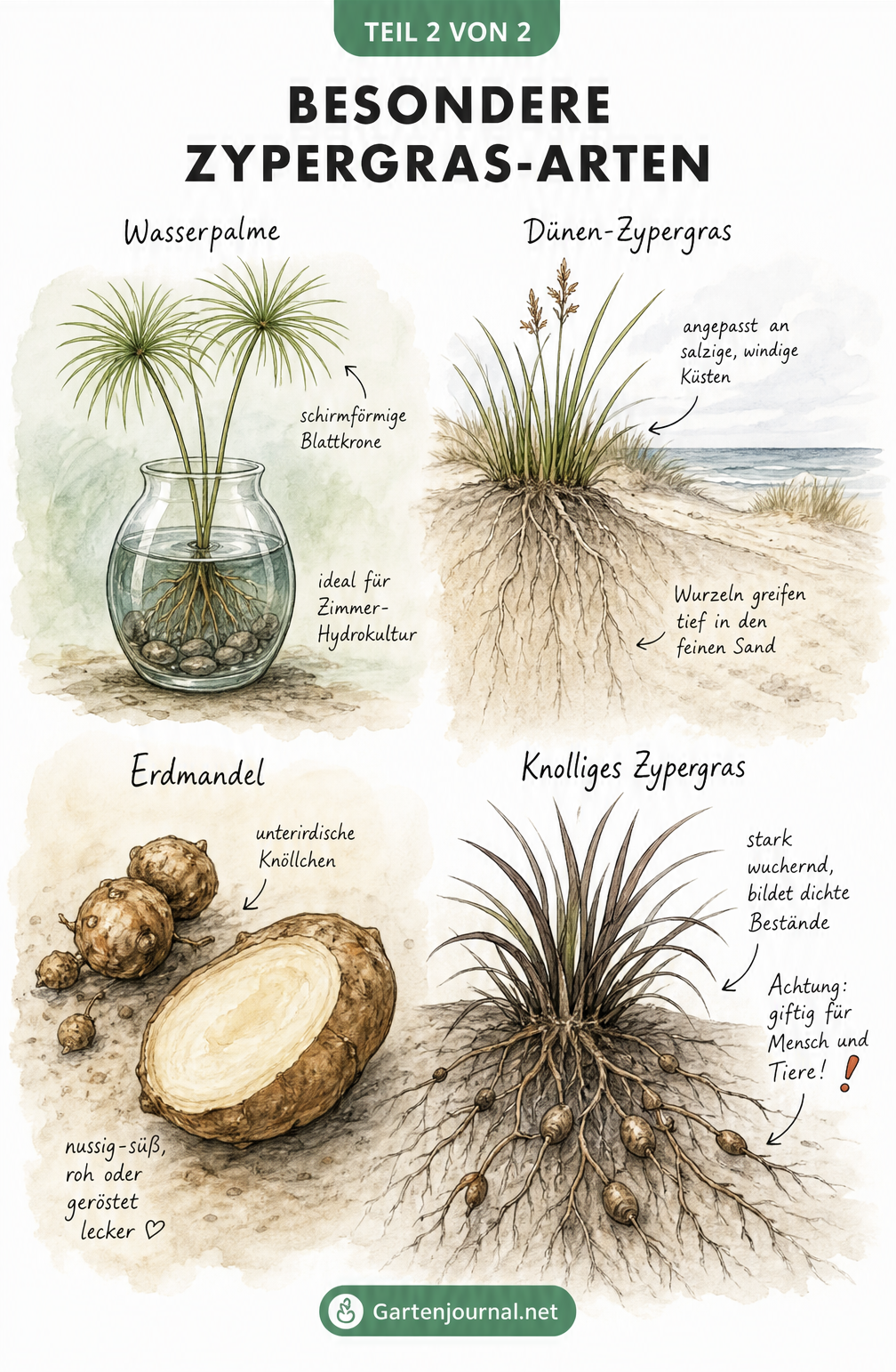 Aquarell-Illustration von vier besonderen Zypergras-Arten: Wasserpalme, Dünen-Zypergras, Erdmandel und Knolliges Zypergras