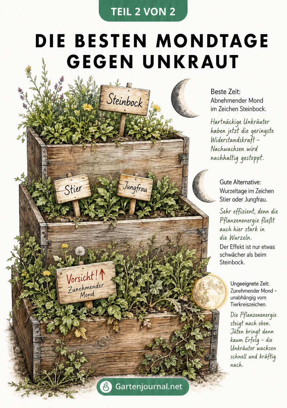 Illustriertes Hochbeet mit den besten Mondtagen zum Unkrautjäten: Steinbock, Stier und Jungfrau