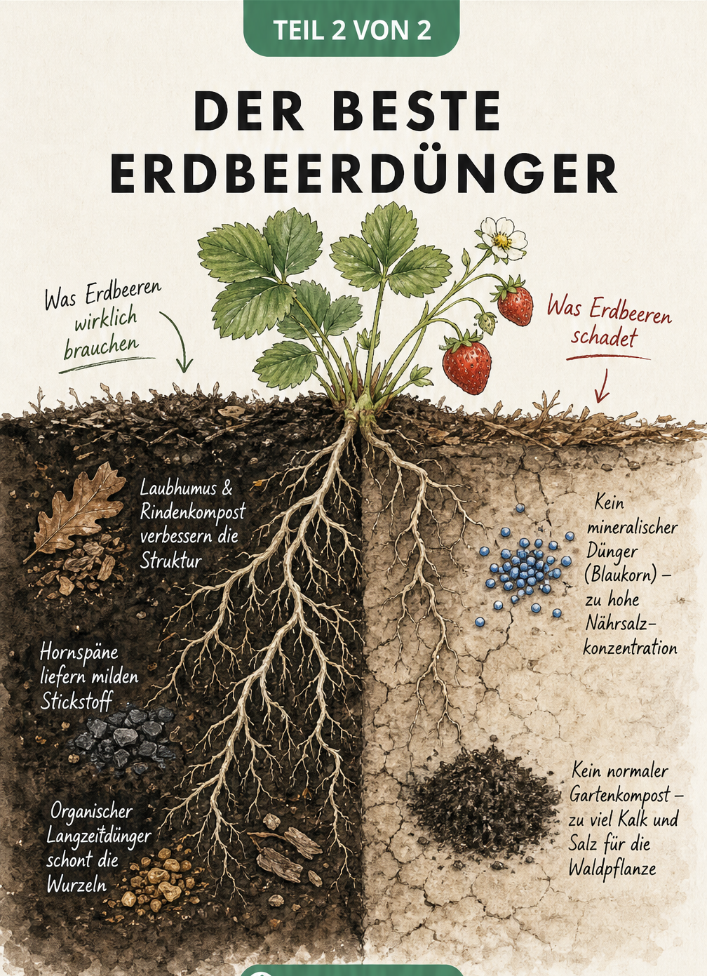 Querschnitt eines Erdbeerbeets, der die Wirkung von organischem Dünger im Vergleich zu mineralischem Dünger zeigt