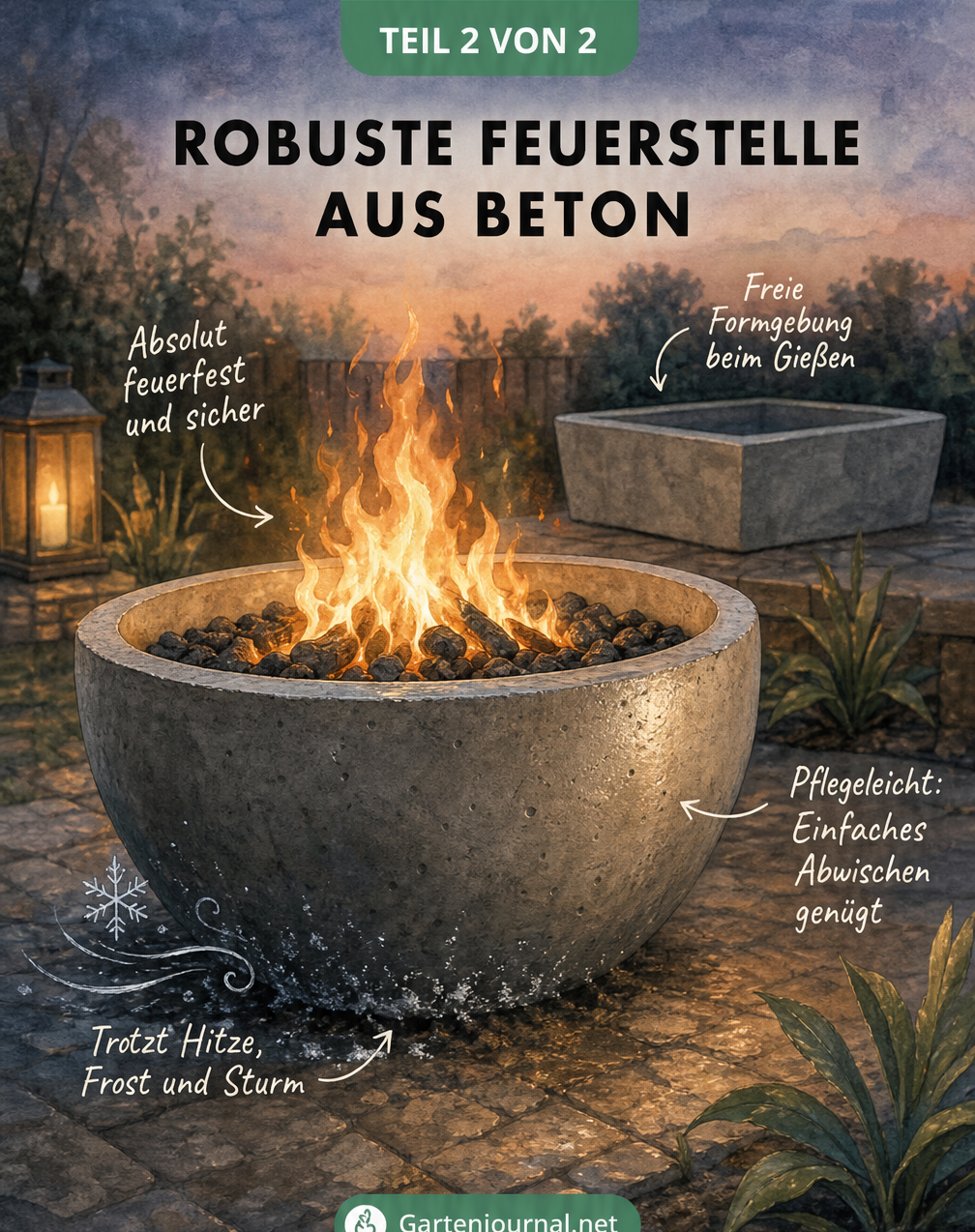 Illustration einer fertigen Beton-Feuerschale im Garten mit loderndem Feuer und Hinweisen zu Feuerfestigkeit und Witterungsbeständigkeit