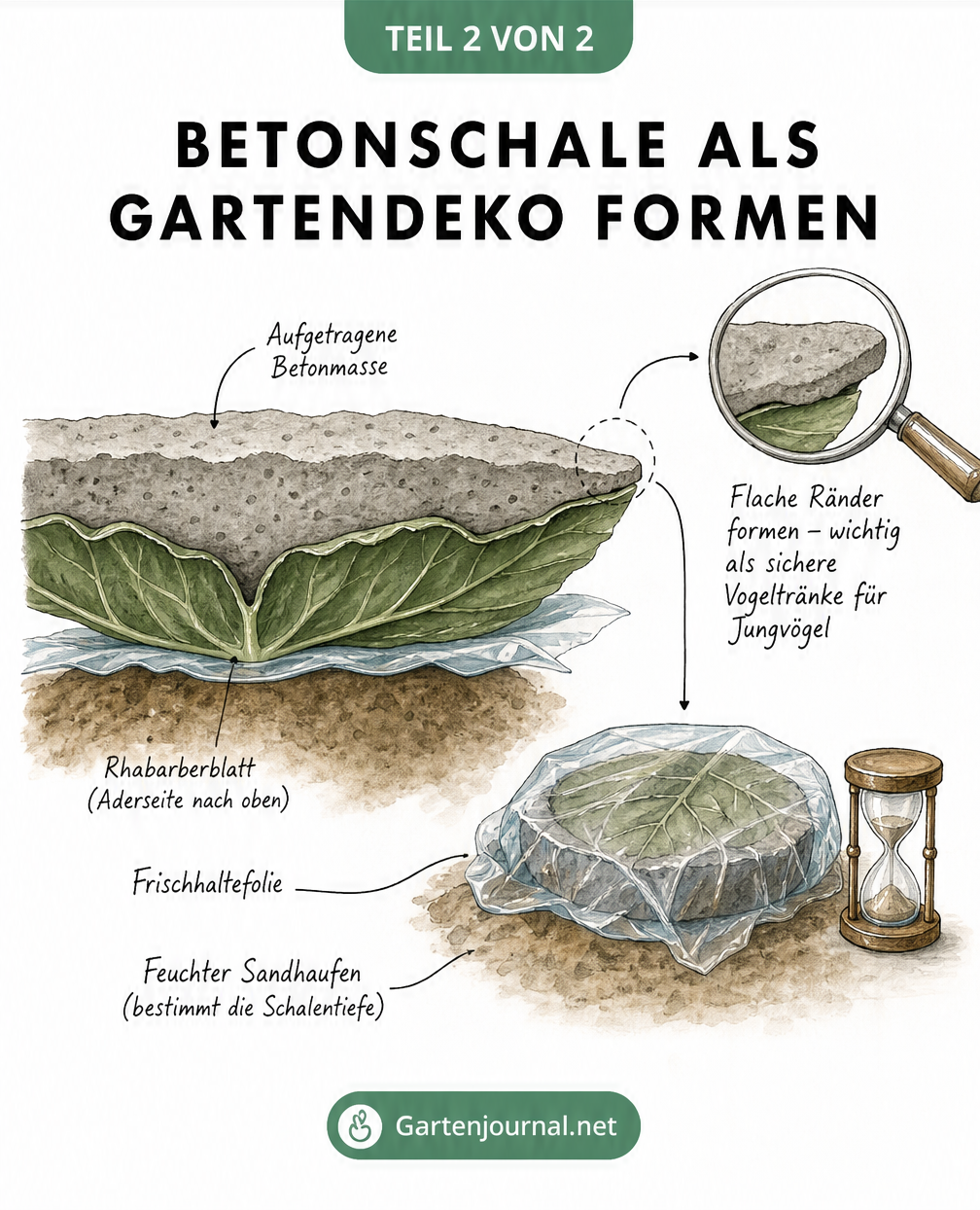 Querschnitt-Zeichnung einer Betonschale in Blattform auf einem Sandhügel mit Hinweisen zur Formung