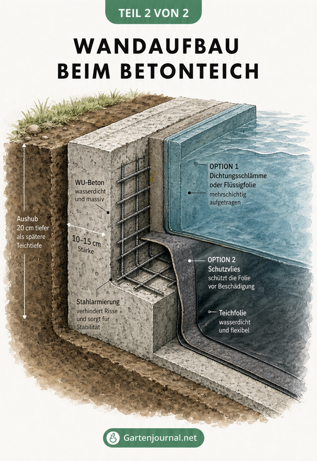 3D-Modell des Wandaufbaus eines Betonteichs mit Armierung und Abdichtung