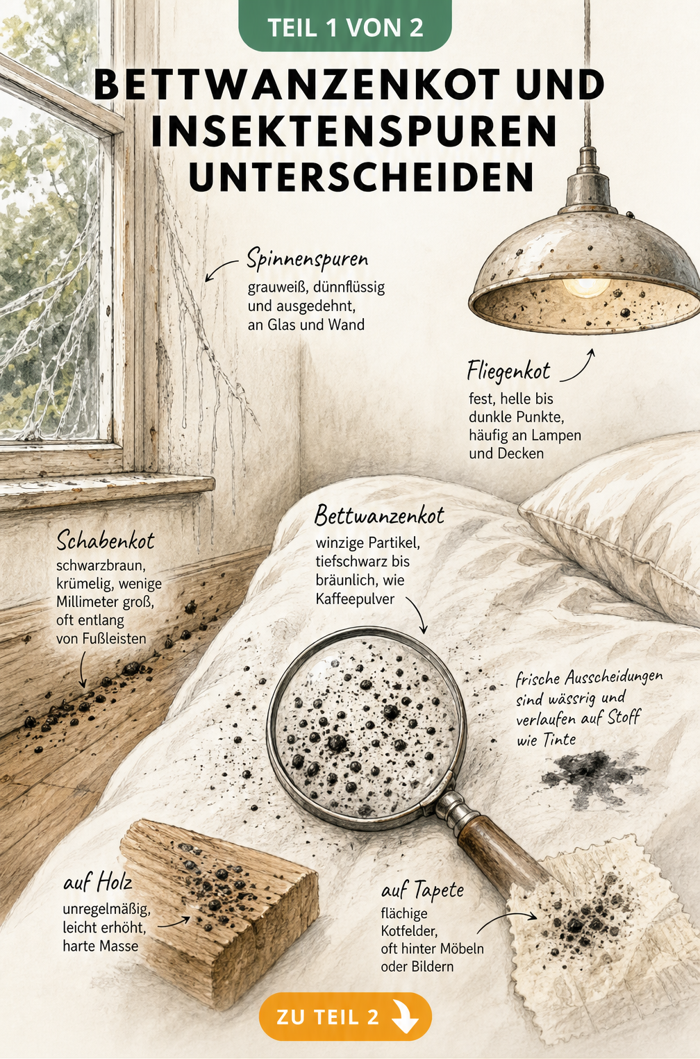 Illustration von Bettwanzenkot auf einem Bettlaken im Vergleich zu Spuren von Spinnen, Fliegen und Schaben