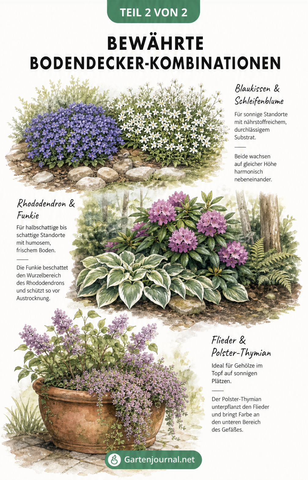 Drei Gartenszenen: Blaukissen mit Schleifenblume im Sonnenbeet, Funkie unter Rhododendron im Halbschatten und Polster-Thymian mit Flieder im Pflanzkübel.