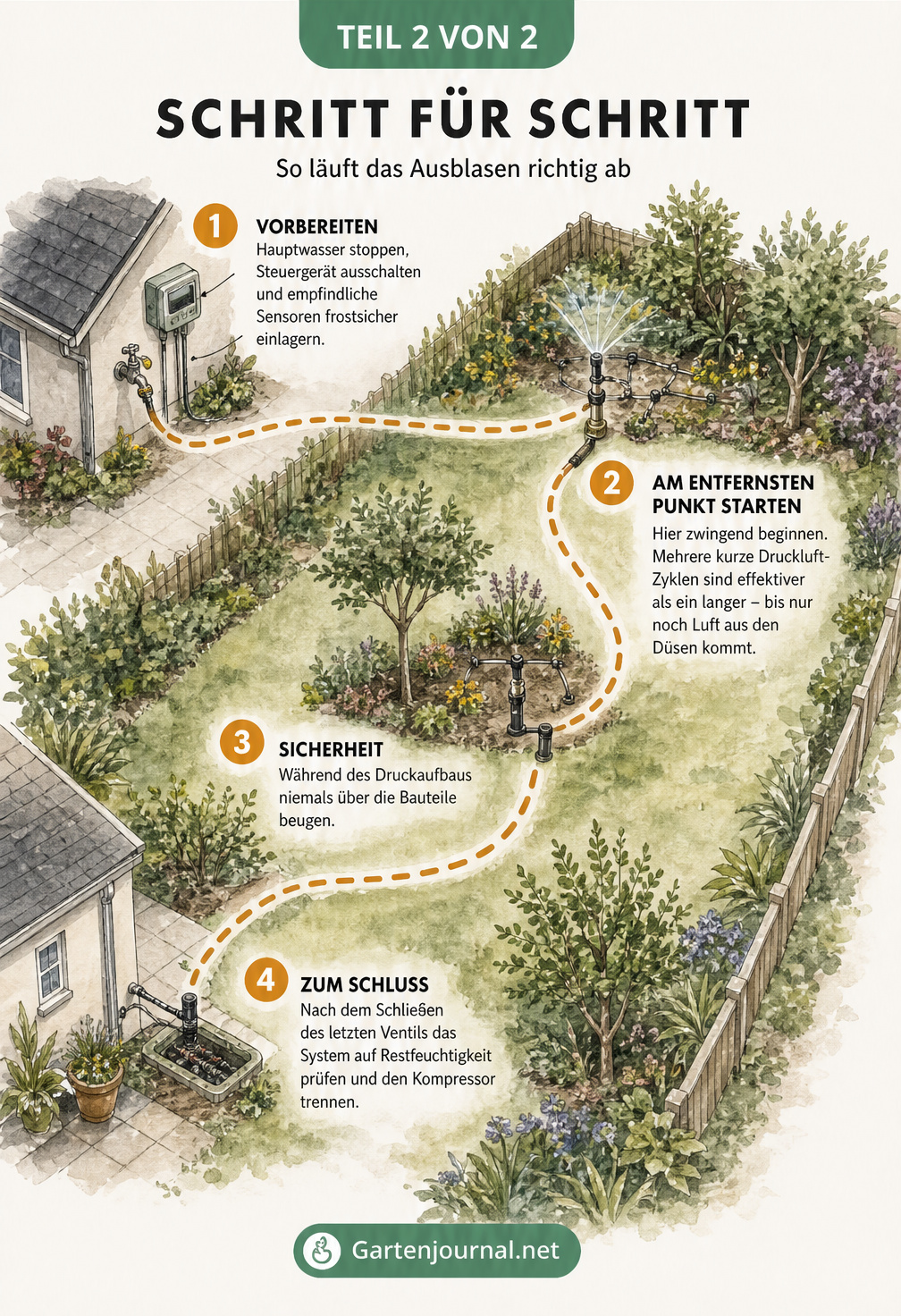 Isometrische Gartenansicht, die den Ablauf beim Ausblasen der Bewässerungszonen mit Druckluft zeigt