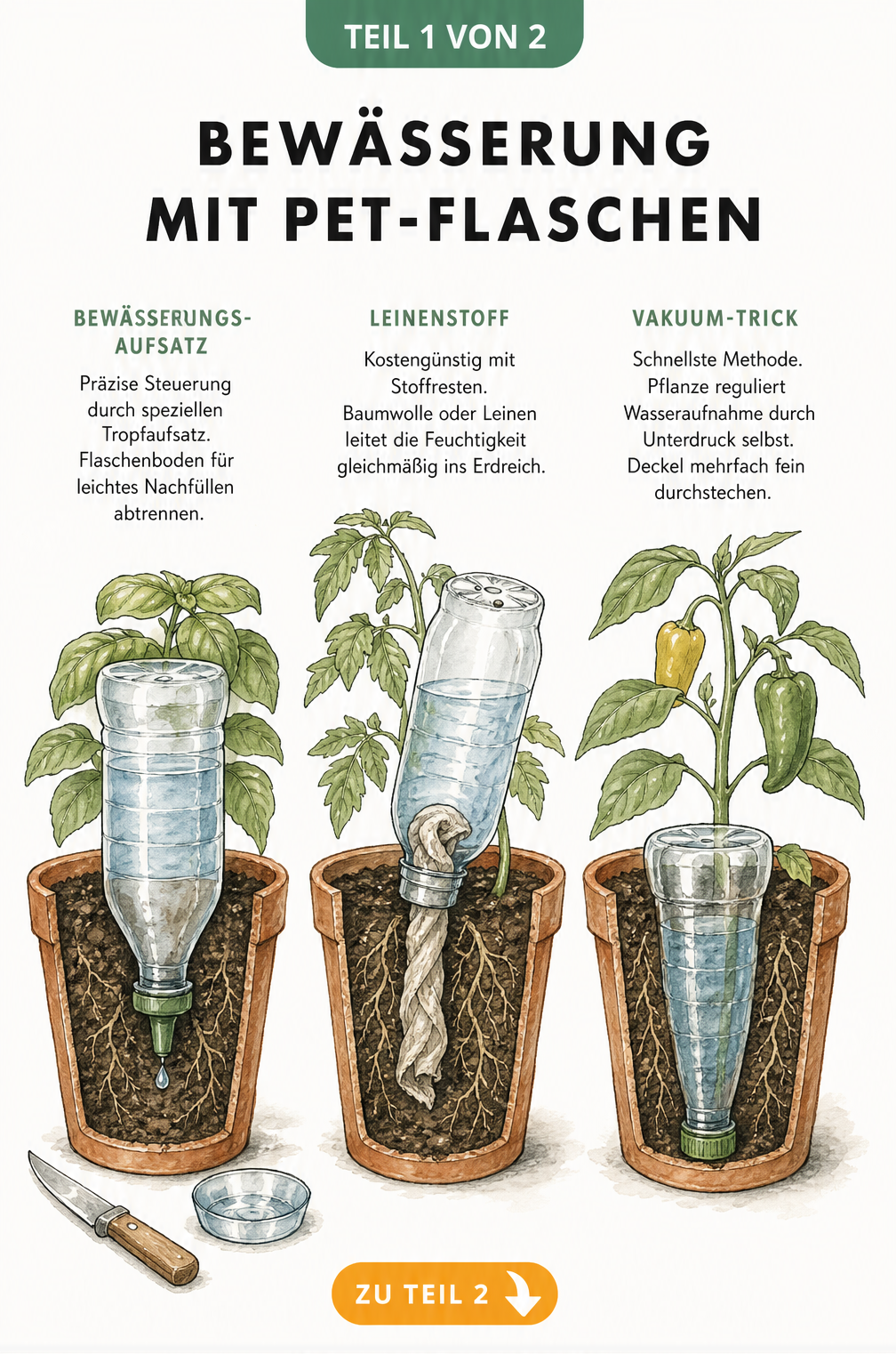 Illustration von drei Terrakotta-Töpfen im Querschnitt, die verschiedene Bewässerungsmethoden mit PET-Flaschen zeigen: Bewässerungsaufsatz, Leinenstoff und...