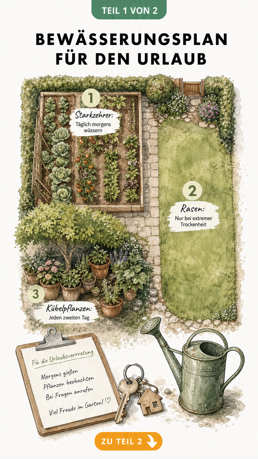 Handgezeichneter Bewässerungsplan für den Garten mit Zonen für Gemüse, Rasen und Kübelpflanzen