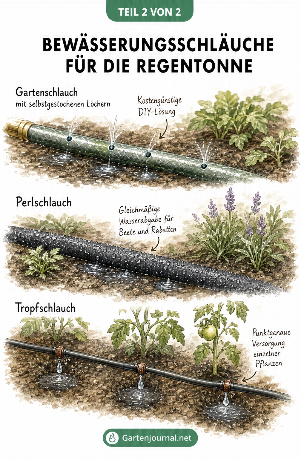 Drei verschiedene Bewässerungsschläuche im Vergleich: Gartenschlauch mit Löchern, Perlschlauch und Tropfschlauch auf Gartenboden