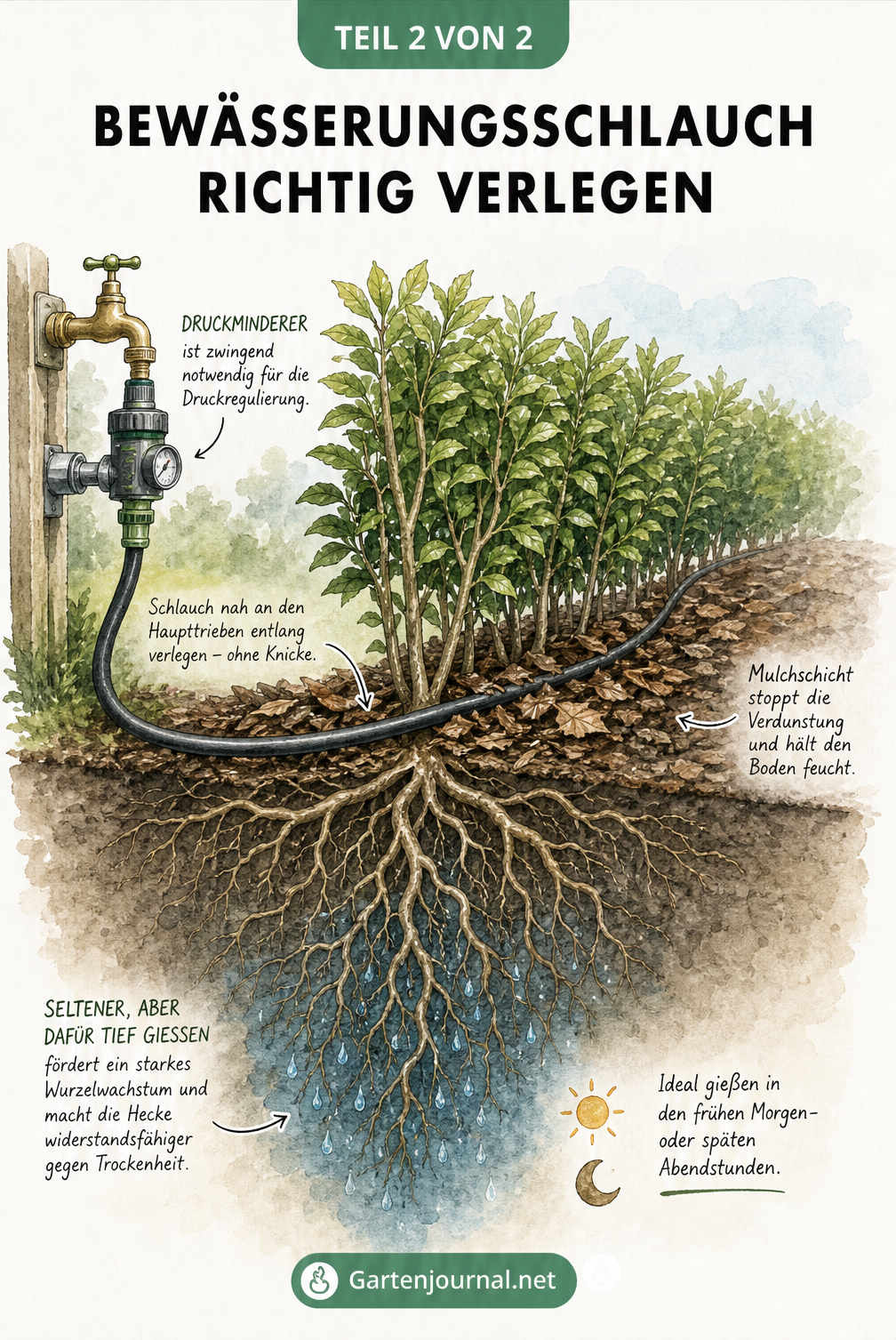 Illustration eines verlegten Bewässerungsschlauchs an einer Hecke mit Druckminderer, Mulchschicht und tiefem Wurzelwerk