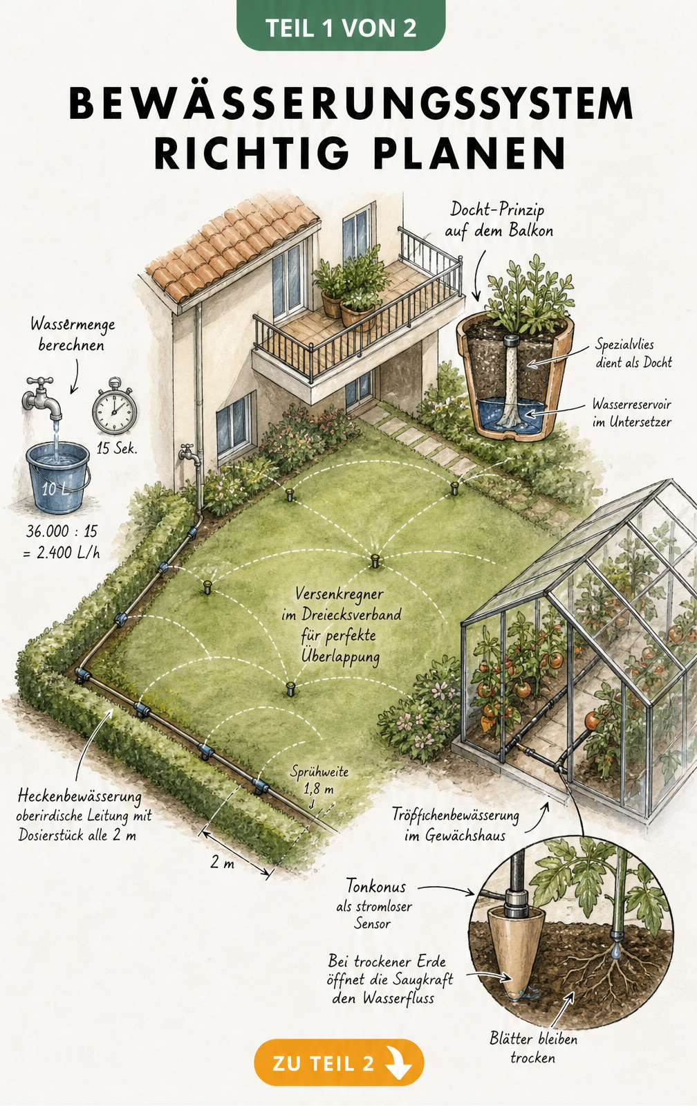 Querschnittsansicht eines Hauses mit Garten, Gewächshaus und Balkon, die verschiedene Bewässerungssysteme wie Versenkregner, Tropfbewässerung und Docht-Prinzip...