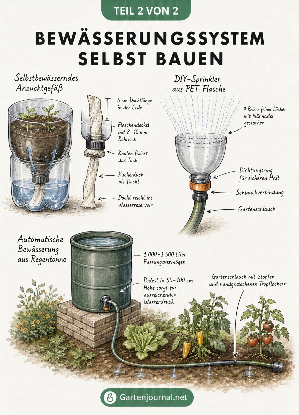 Drei Skizzen zum Bau von Bewässerungsanlagen aus recycelten Materialien: Anzuchtgefäß aus PET-Flasche, DIY-Sprinkler und automatische Bewässerung aus einer...