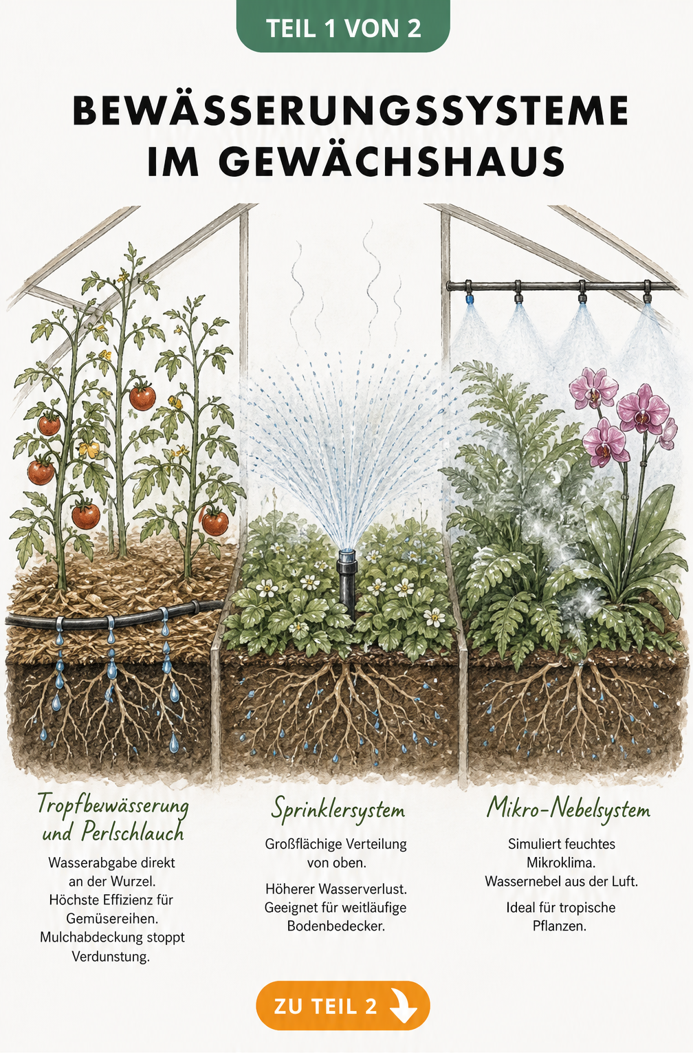Illustration von drei Bewässerungsmethoden im Gewächshaus: Tropfbewässerung, Sprinklersystem und Mikro-Nebelsystem im Vergleich.