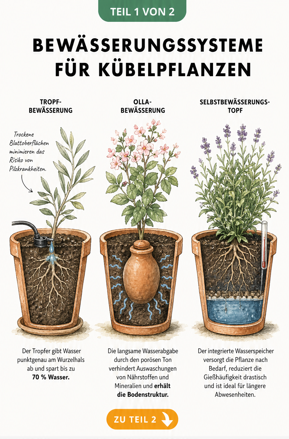 Illustration von drei Terrakotta-Töpfen im Querschnitt, die Tropfbewässerung, Olla-Bewässerung und Selbstbewässerungstöpfe für Kübelpflanzen zeigen.