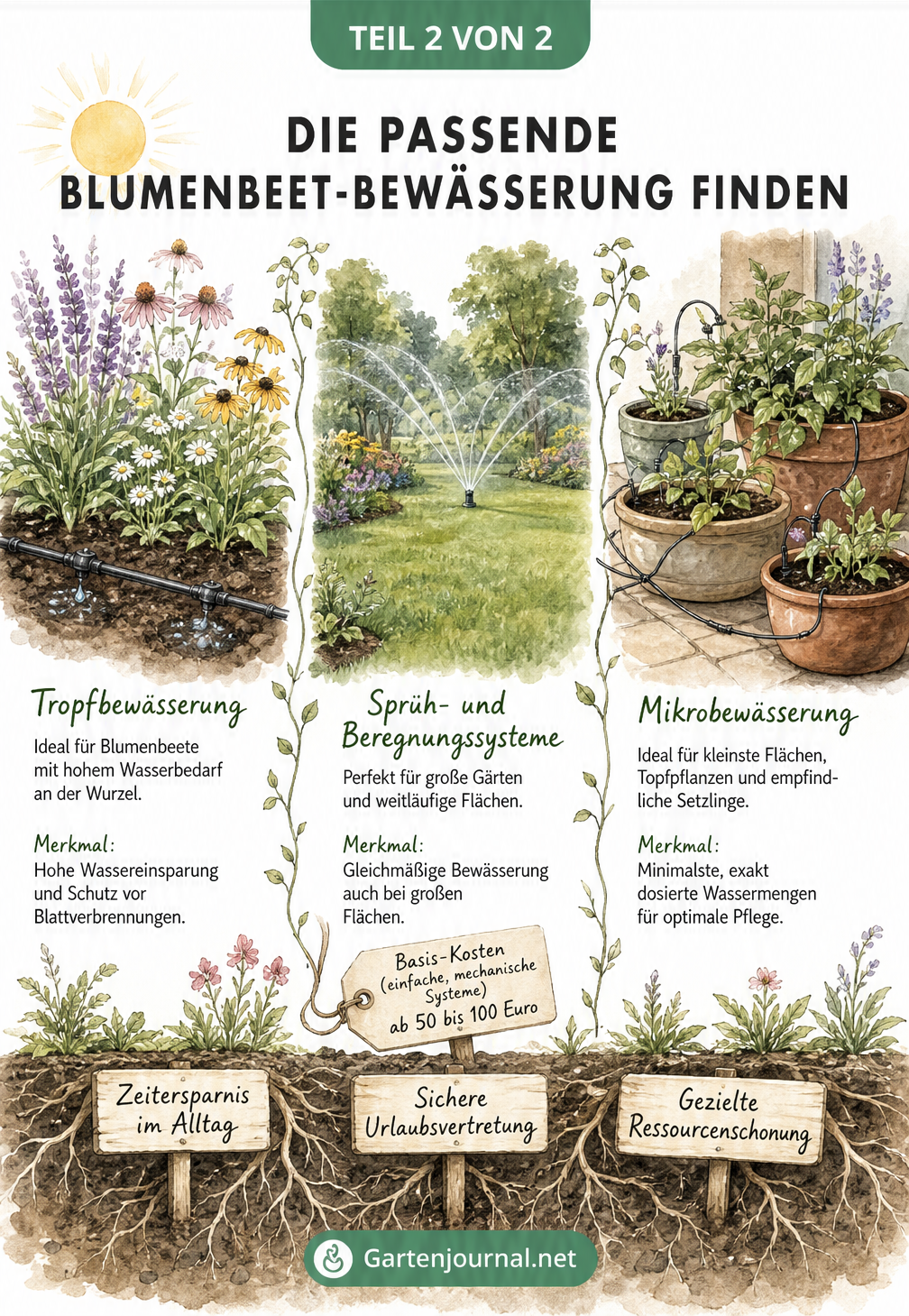 Drei Gartenszenarien im Aquarell-Stil: Tropfbewässerung im Blumenbeet, Beregnungssystem auf dem Rasen und Mikrobewässerung auf der Terrasse