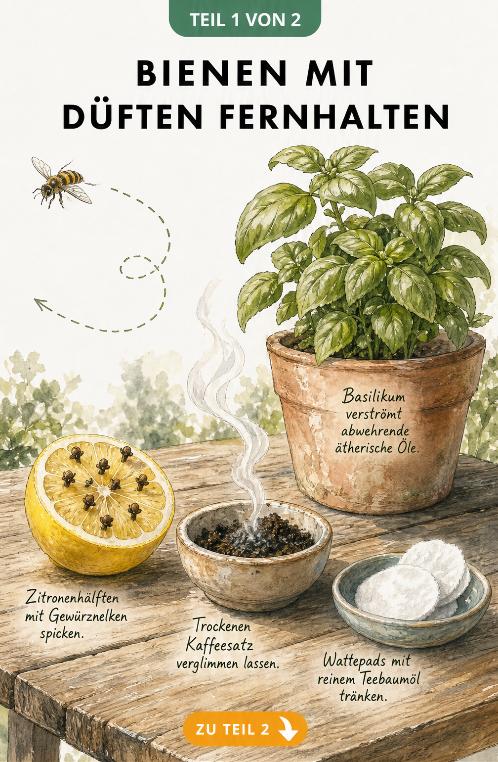 Illustration von Hausmitteln gegen Bienen: Zitrone mit Nelken, Kaffeesatz, Basilikum und Teebaumöl auf einem Holztisch.