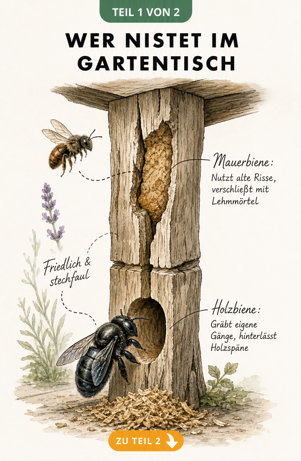Illustration eines verwitterten Tischfußes im Querschnitt mit Mauerbiene und Holzbiene in ihren Nistplätzen