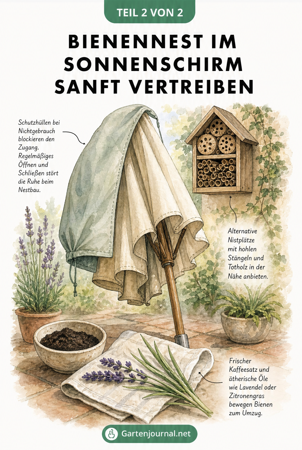 Aquarell-Illustration eines Sonnenschirms mit Kaffeesatz, Lavendel und einem Insektenhotel