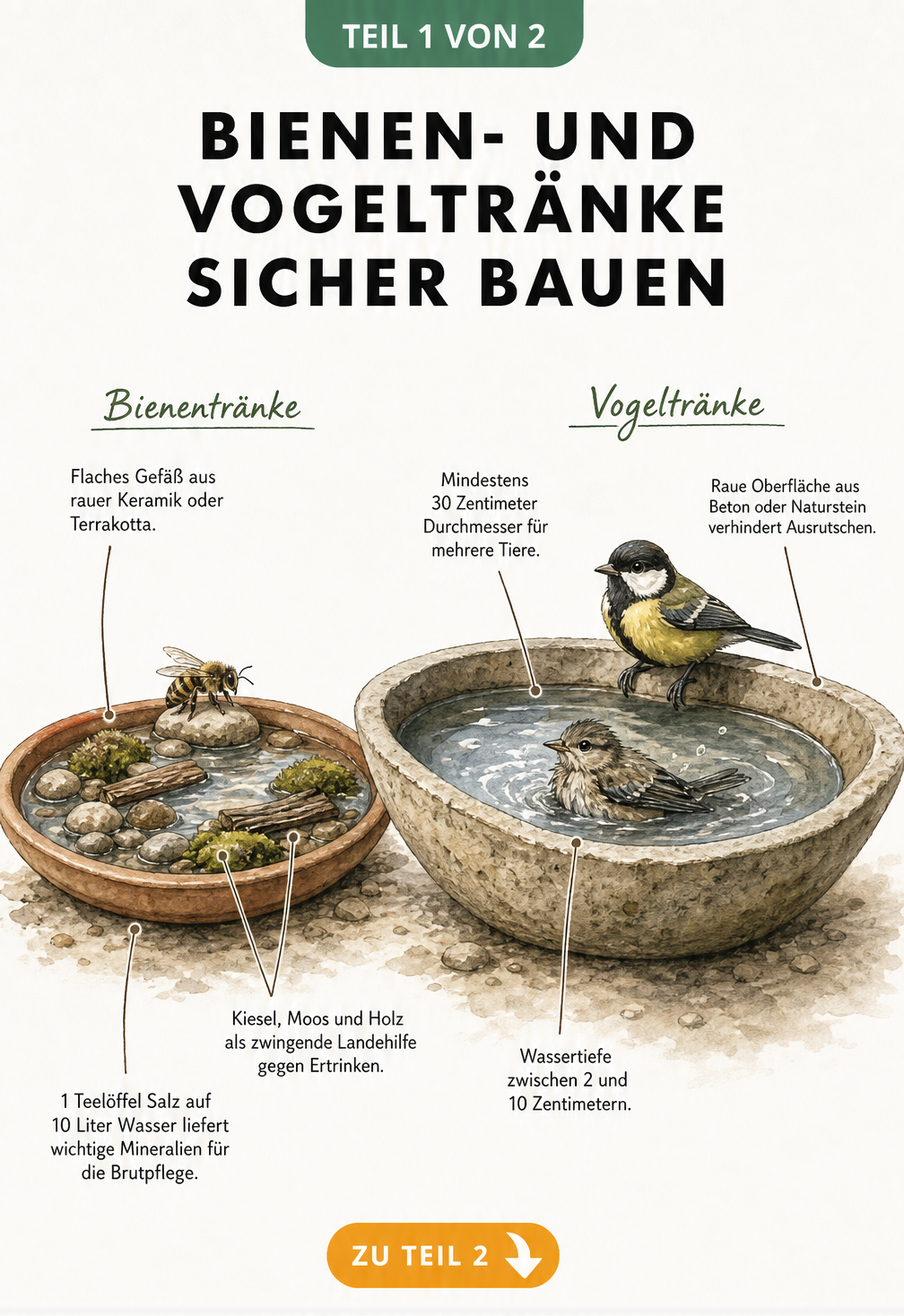 Querschnitt einer Bienentränke und Vogeltränke mit Erklärungen zu Aufbau und Materialien