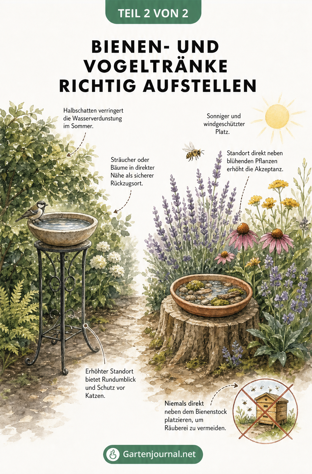 Gartenszene mit Vogeltränke im Halbschatten und Bienentränke in der Sonne