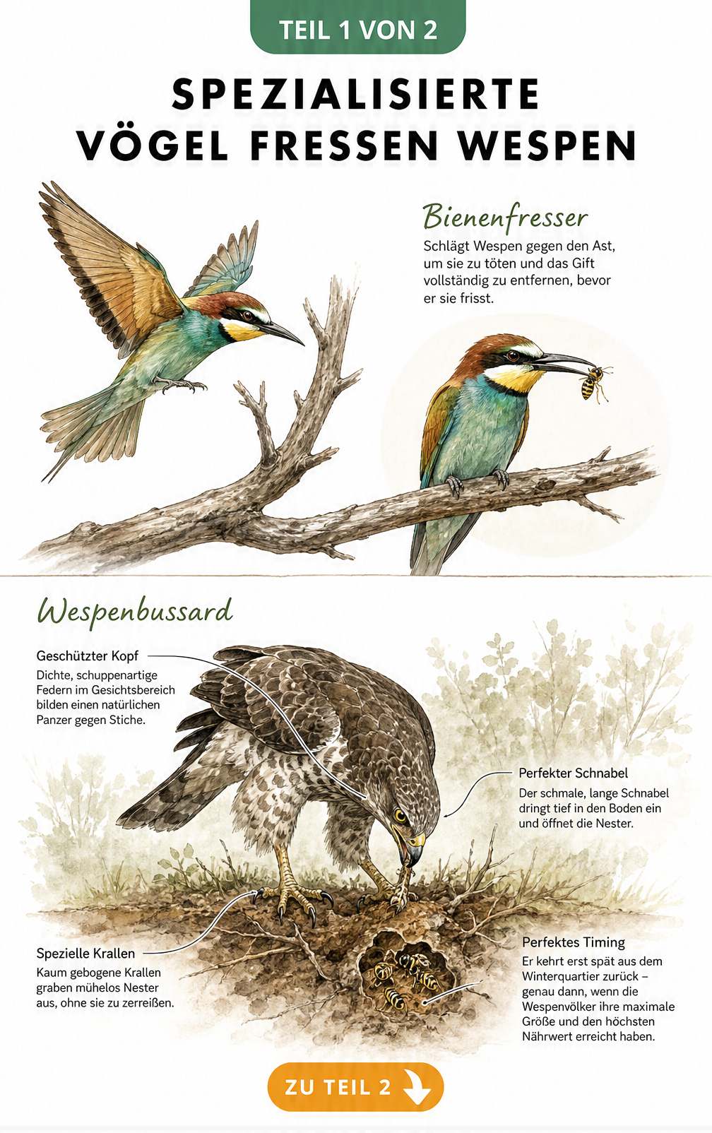 Illustration eines Bienenfressers und eines Wespenbussards bei der Jagd auf Wespen