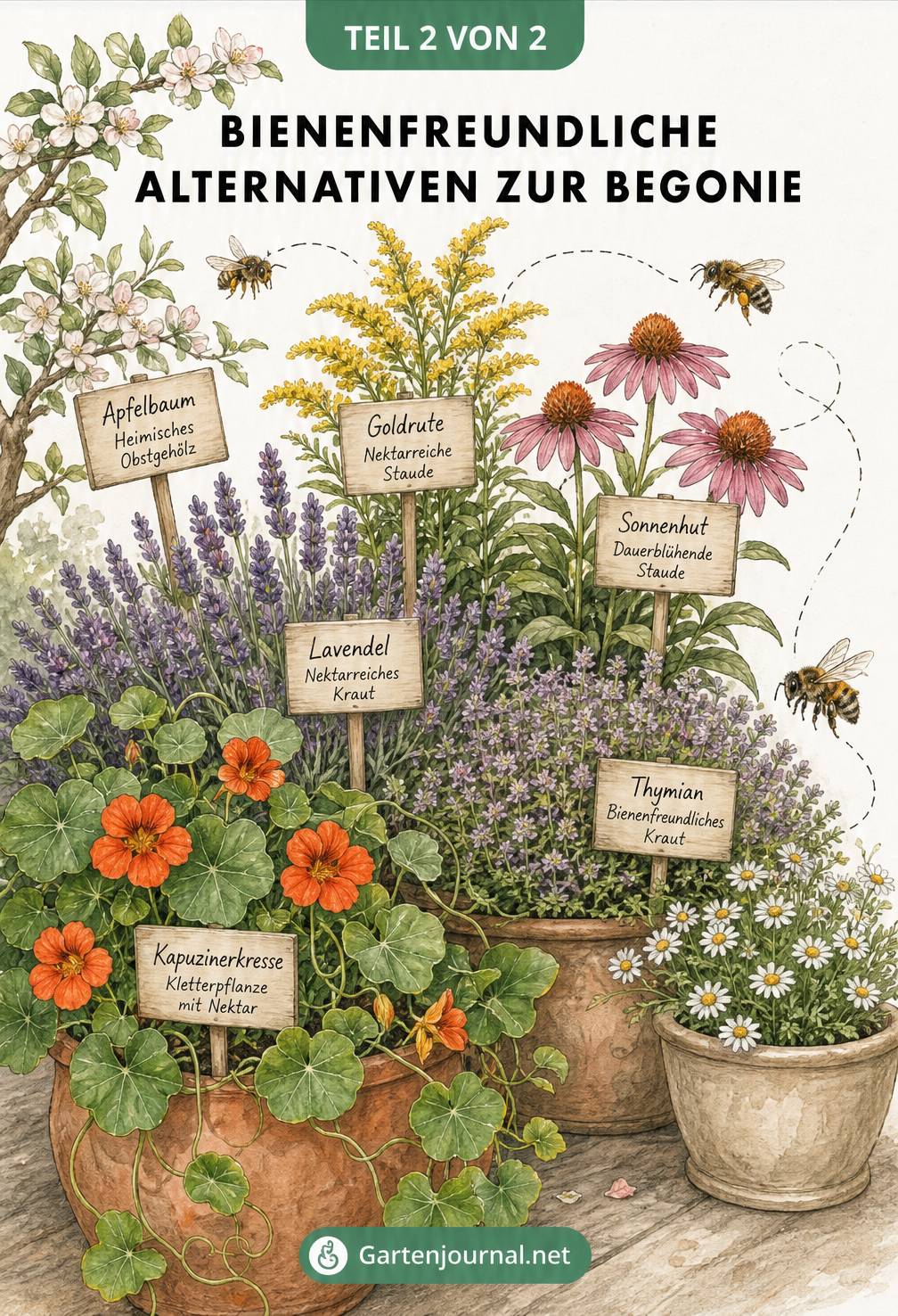 Skizze eines bienenfreundlichen Balkons mit Kapuzinerkresse, Lavendel, Thymian, Goldrute und Sonnenhut