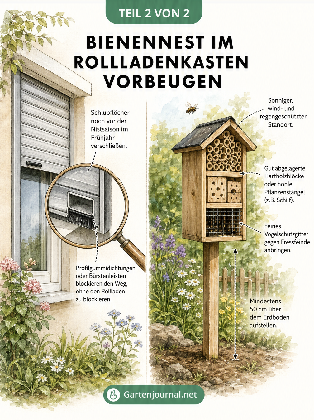 Vorher-Nachher-Illustration: Abdichten des Rollladenkastens mit Bürstenleisten und Aufstellen eines Insektenhotels im Garten