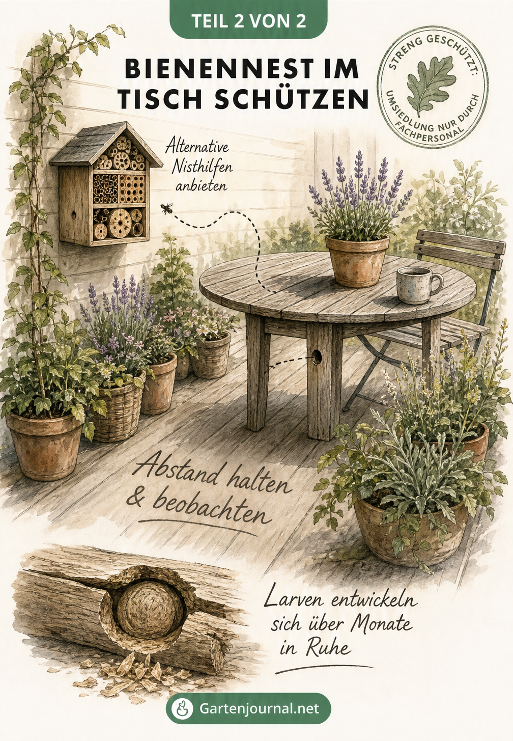 Gezeichnete Terrassenszene mit Holztisch, Topfpflanzen als Barriere und einem Insektenhotel an der Wand