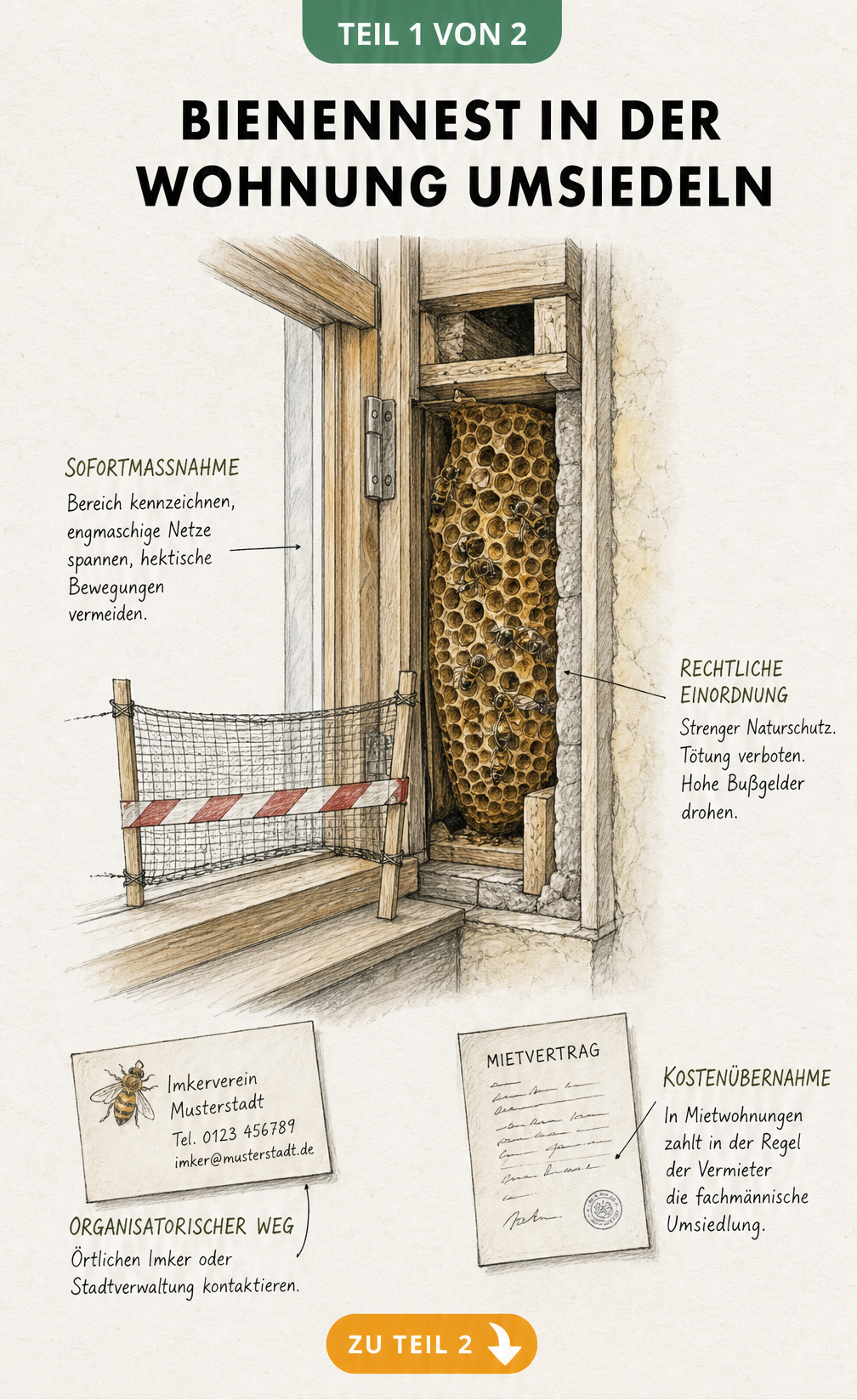 Querschnitt-Zeichnung eines Holzfensterrahmens mit einem Wildbienennest im Hohlraum und Hinweisen zur Umsiedlung