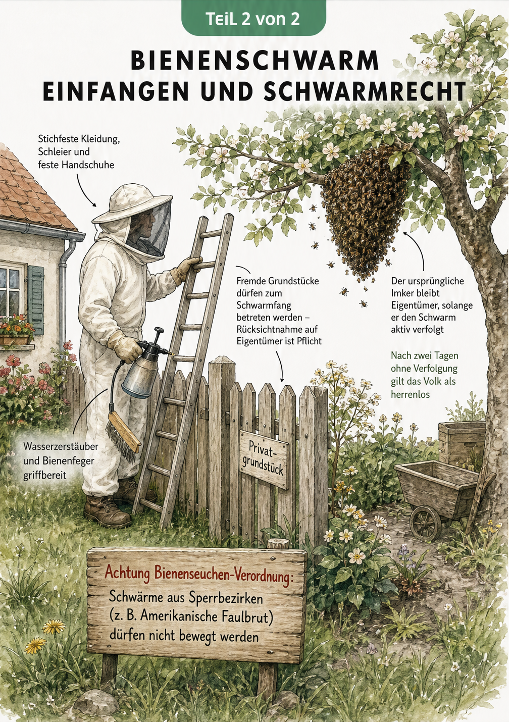Isometrische Zeichnung eines Imkers am Gartenzaun, der einen Bienenschwarm im Nachbarbaum einfängt, mit Hinweisen zu Ausrüstung und Schwarmrecht.