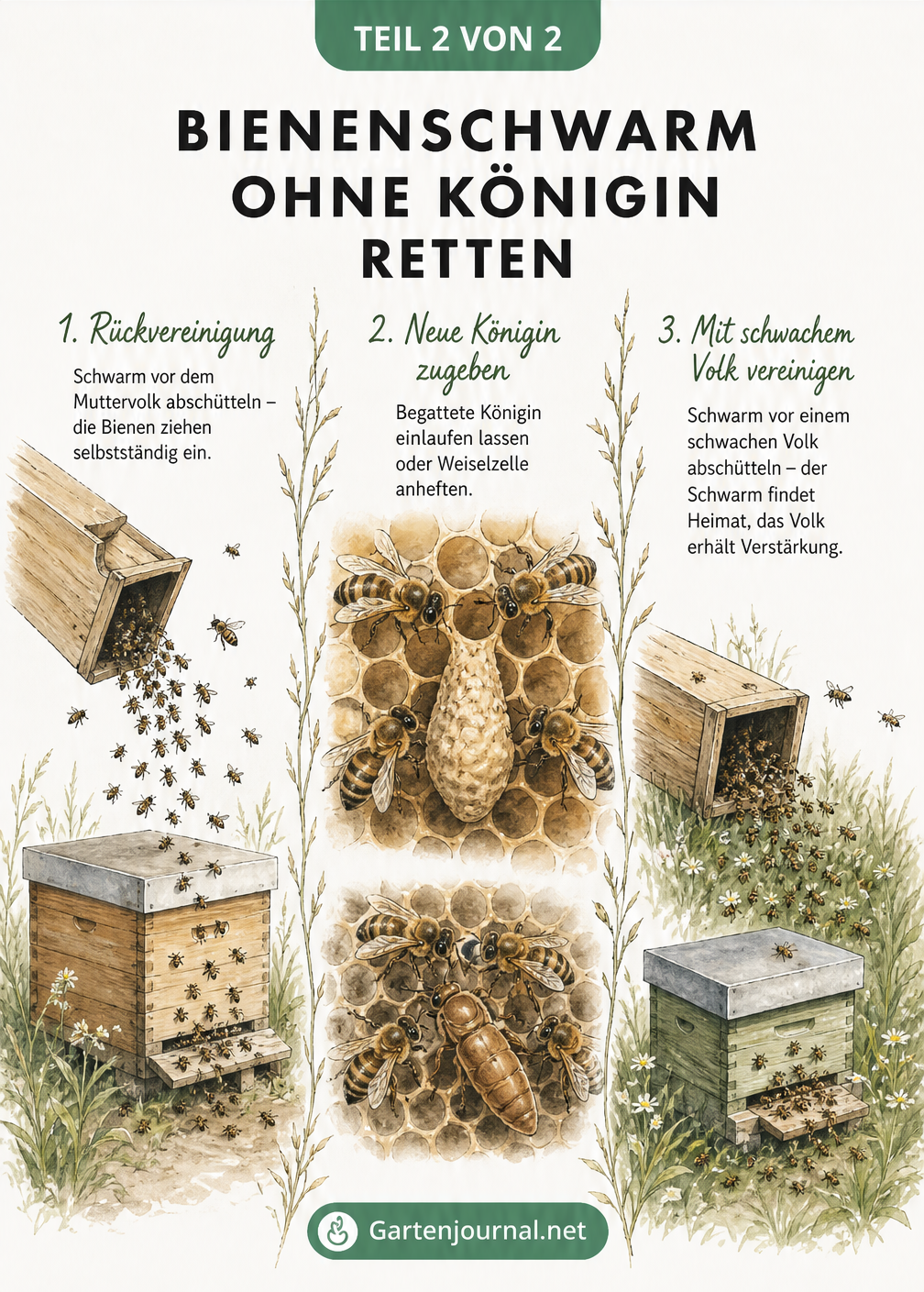 Illustration von drei Rettungsmaßnahmen für einen Bienenschwarm: Rückvereinigung, neue Königin und Vereinigung mit schwachem Volk