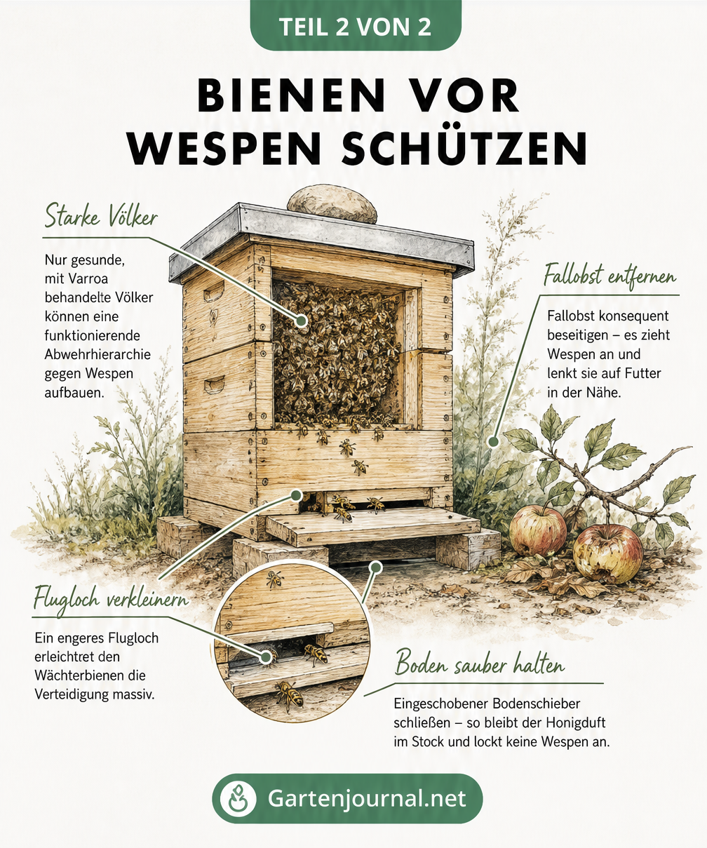 Schnittgrafik eines Bienenstocks mit verkleinertem Flugloch, Bodenschieber und entferntem Fallobst