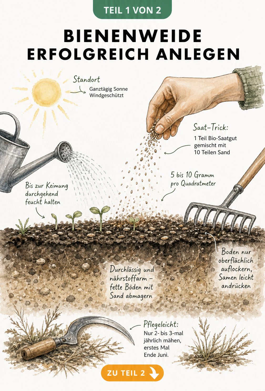 Querschnitt eines Gartenbeets mit Saatgut, Erde und Gießkanne zur Anlage einer Bienenweide