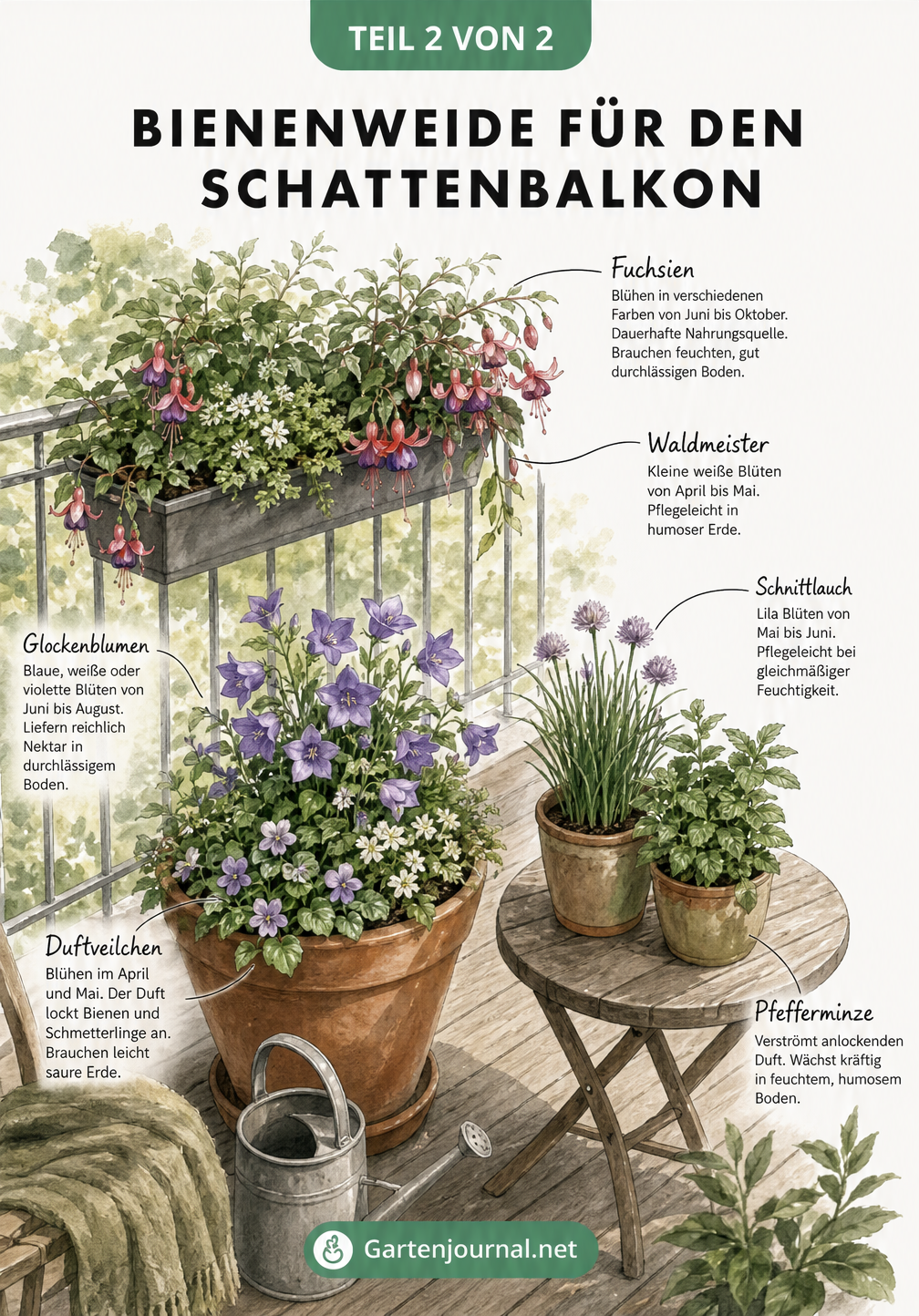 Illustration eines schattigen Balkons mit Fuchsien, Waldmeister, Glockenblumen, Duftveilchen, Schnittlauch und Pfefferminze